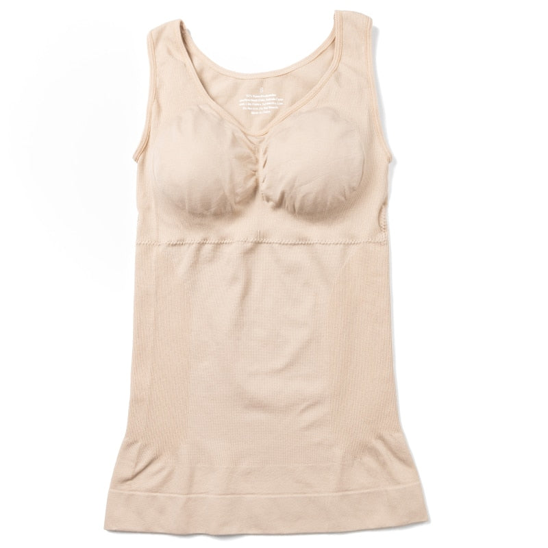 Black tank top shapewear by The Clothing Company Sydney with built-in bra, wide straps, sleeveless design, and removable bra padding.