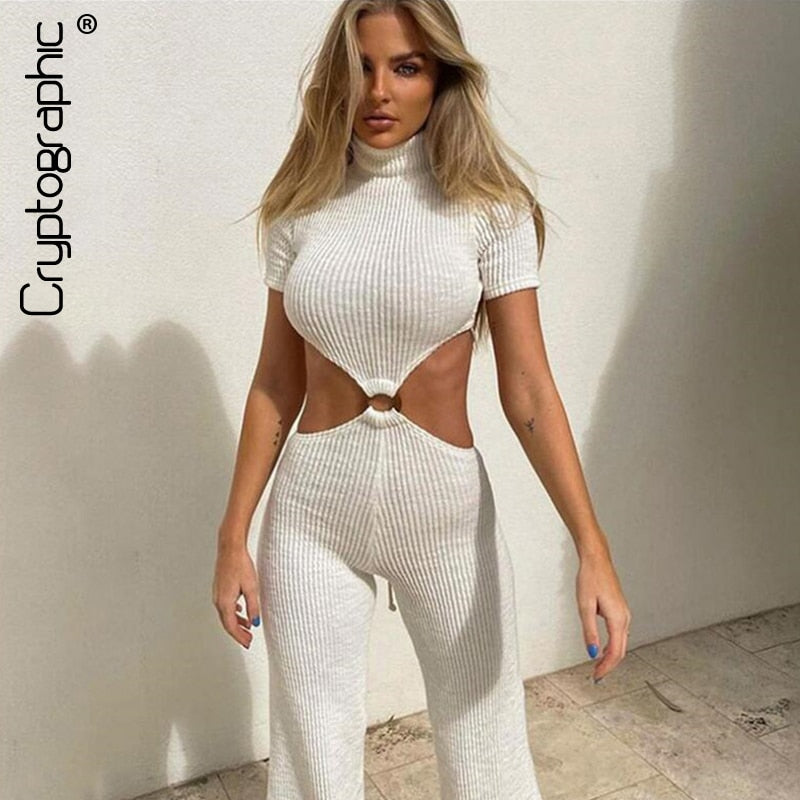 Cotton backless bandage jumpsuit with cutout details and flare pants, by The Clothing Company Sydney, perfect for club or party wear.