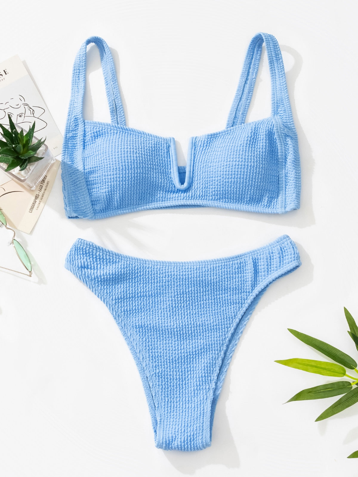 High waist bikini swimsuit by The Clothing Company Sydney featuring bandeau top and thong Brazilian bikini set.