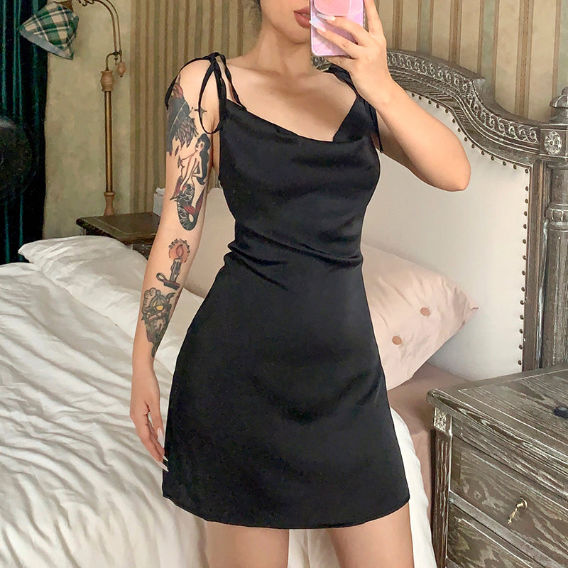 Backless satin sleeveless mini sundress with strappy design, casual summer dress from The Clothing Company Sydney.