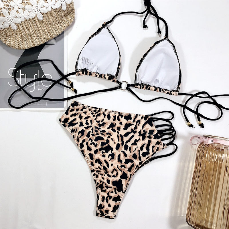 High waist bikini swimsuit by The Clothing Company Sydney, bandeau style with thong Brazilian cut, in vibrant swimwear fabric.