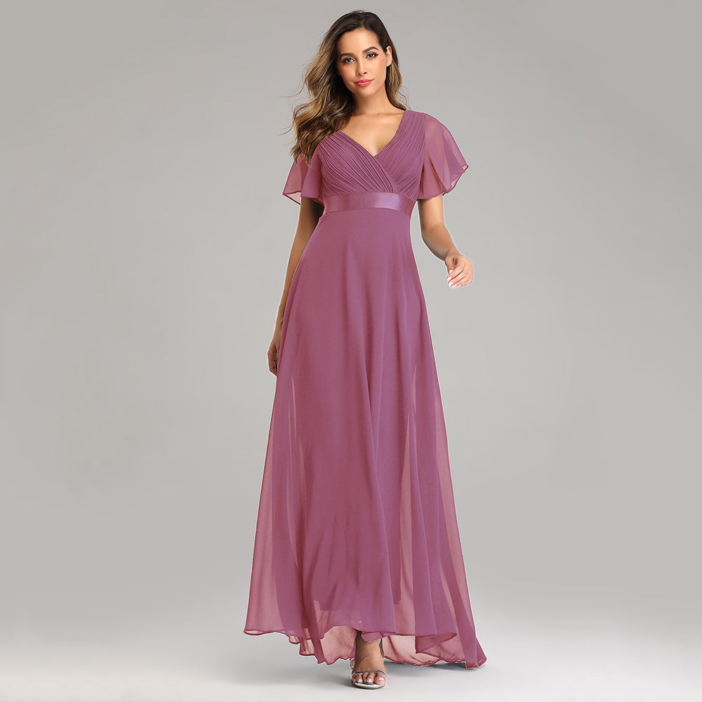 Elegant black V-neck chiffon evening gown with ruffles, perfect for wedding, party, or formal occasions by The Clothing Company Sydney