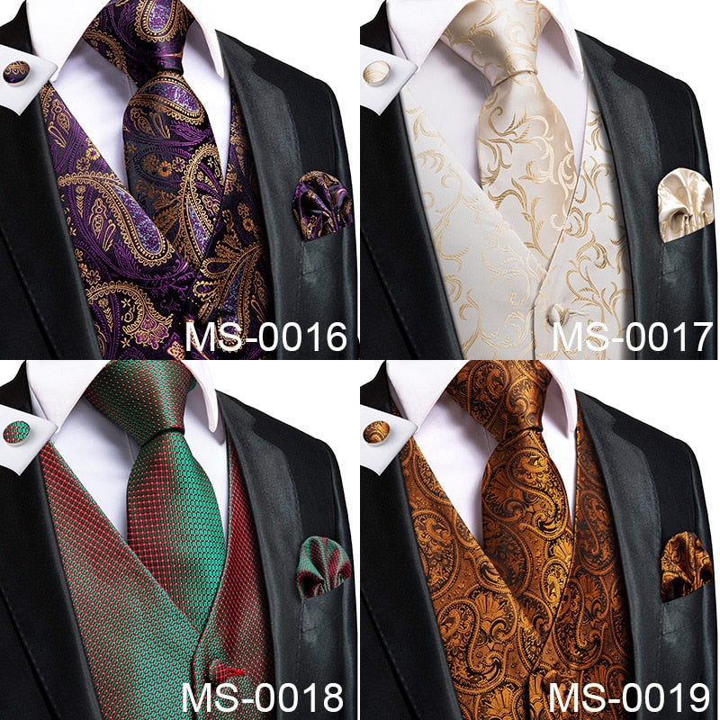 Men's luxury vest and tie set featuring paisley, floral, and plaid silk design in blue, gold, red, and silver for formal wear.