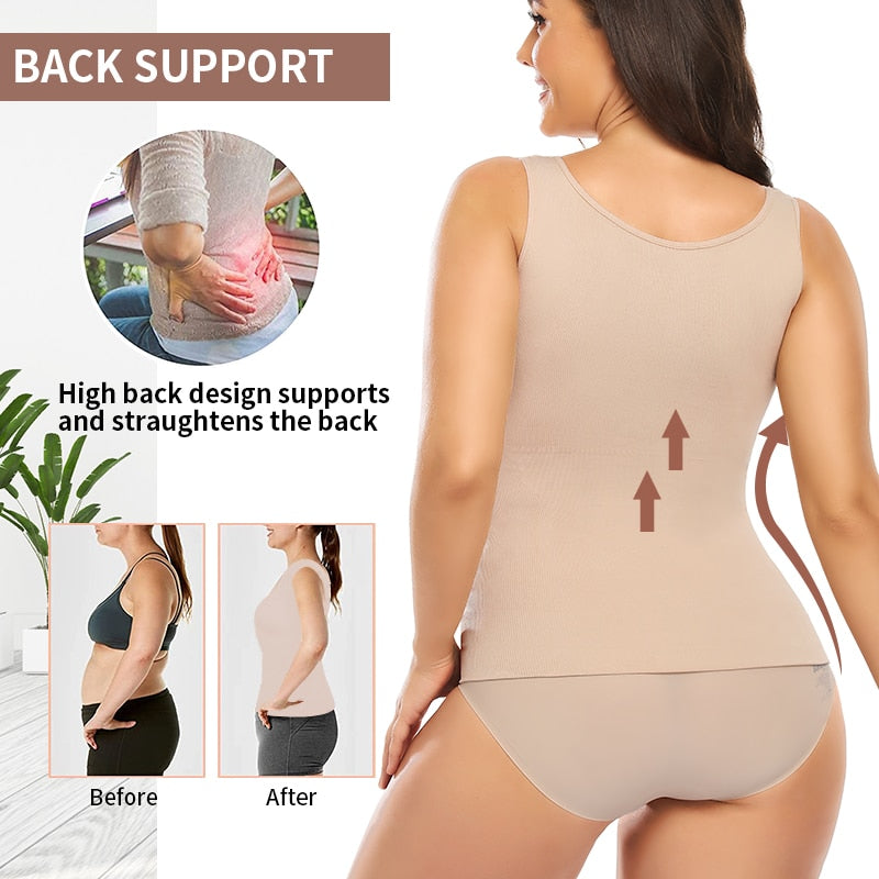 The Clothing Company Sydney shapewear tank top with built-in shelf bra, wide straps, sleeveless design, and removable bra for shaping.