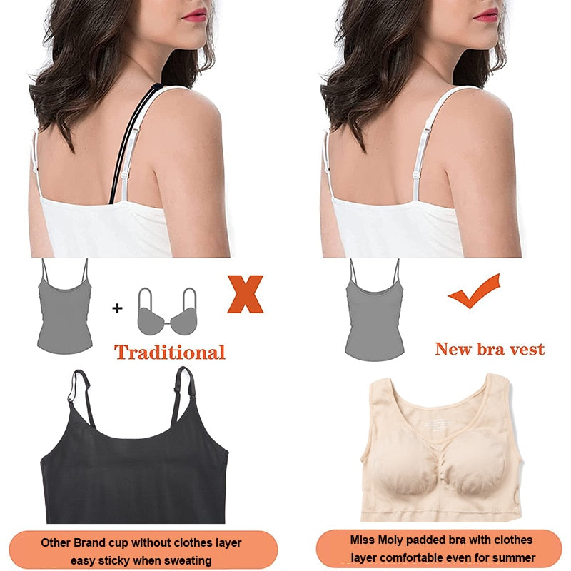 Shapewear tank top by The Clothing Company Sydney with built-in bra, wide straps, sleeveless design, and removable bra support.