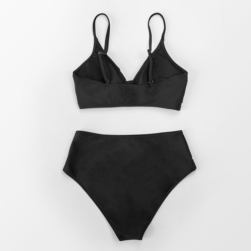 Red high-waist bikini set with V-neck twist tank top from The Clothing Company Sydney, perfect for beachwear and swimming.