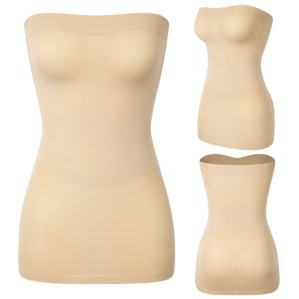 Women’s strapless shapewear slip by The Clothing Company Sydney, seamless full-body shaper for tummy control under dresses and skirts.