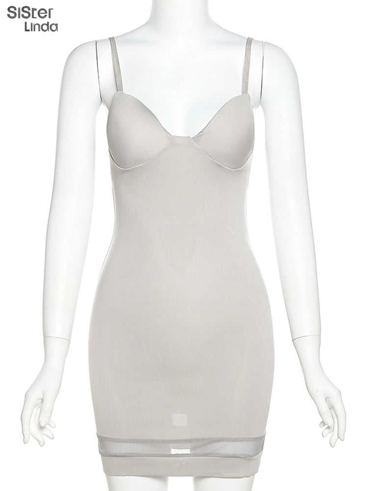 Casual mesh bodycon mini dress for women by The Clothing Company Sydney, sleeveless, deep V neckline, stretchy and fitted for party wear.