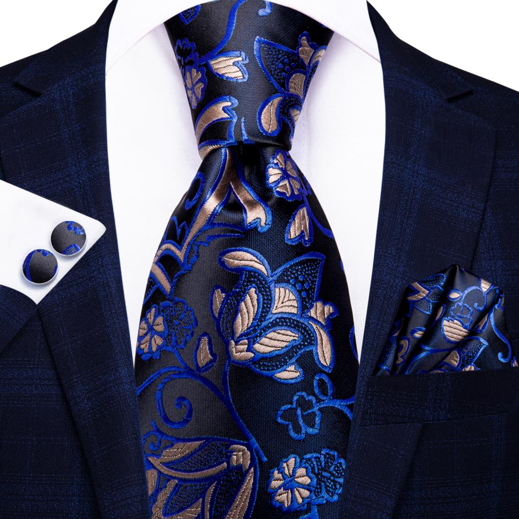 Blue silk men's tie with dot pattern, matching plaid cufflinks, part of a wedding and business accessories set.