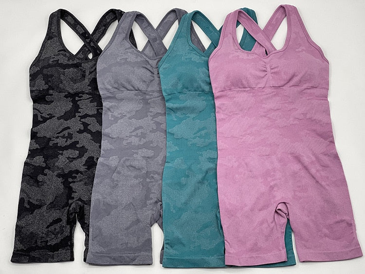 Seamless yoga jumpsuit set by The Clothing Company Sydney, high waist fitness jumpsuit with back detail and gym leggings for women.
