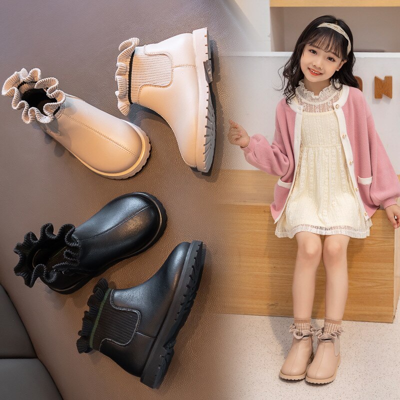 Kids' plush flower girls boots by The Clothing Company Sydney, soft leather, warm autumn and winter children's shoes for boys and girls.