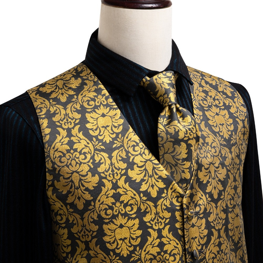 Men's luxury paisley floral plaid silk vest and tie set in blue, gold, red, and silver for wedding suits by The Clothing Company Sydney