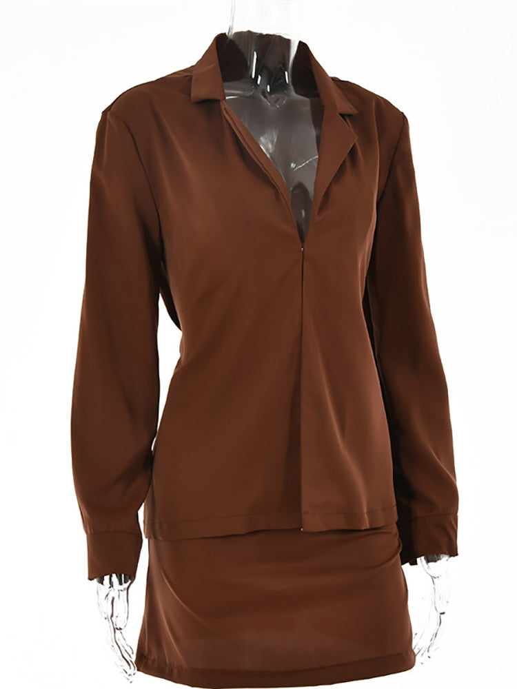 Brown long sleeve turn-down collar two-piece dress with high waist skirt, women's autumn office outfit by The Clothing Company Sydney.