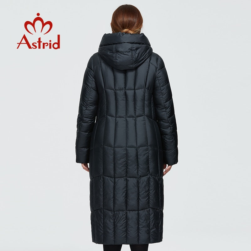 Long women's plaid winter parka with hood, thick warm coat from The Clothing Company Sydney, featuring a stylish design and large sizes.