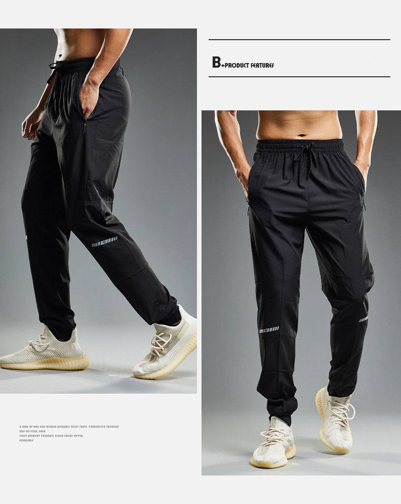 Men's quick-drying sports running pants with zipper pockets, ideal for training, jogging, soccer, and fitness activities.