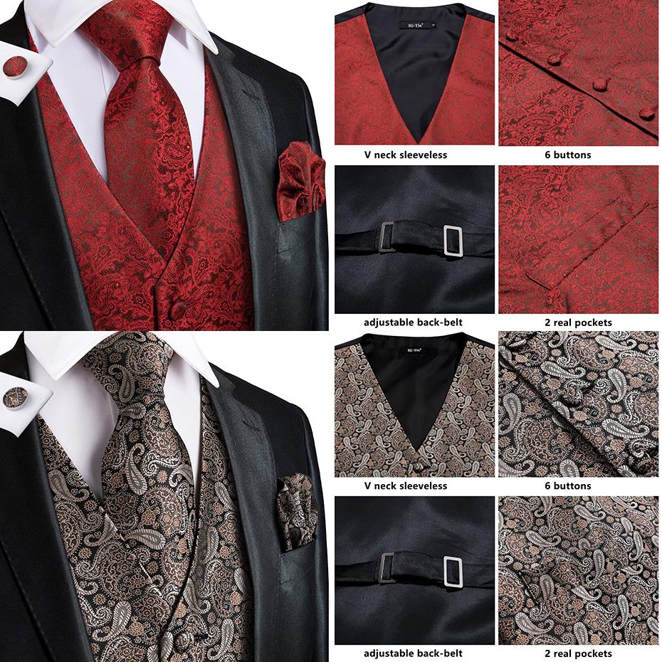 Men's luxury vest and tie set featuring paisley, floral, and plaid silk patterns in blue, gold, red, and silver for wedding attire.