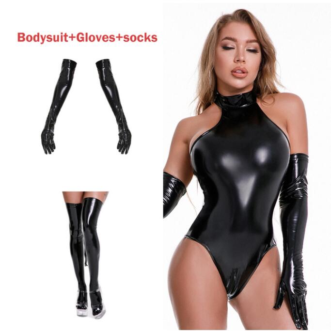 Glossy black PU leather lingerie bodysuit with zip front, matching socks and gloves, featuring a wet look latex catsuit style.