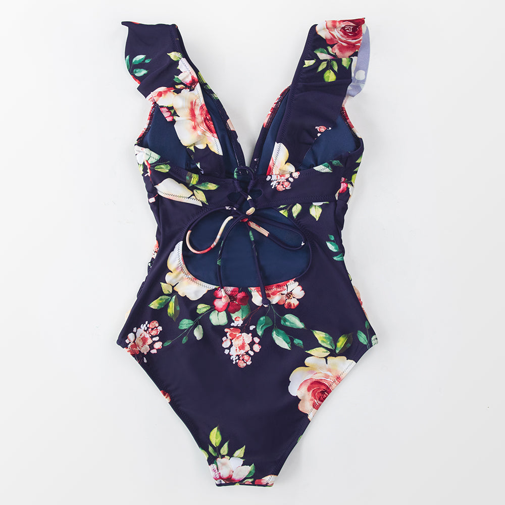 Black ruffled one-piece swimsuit with lace-up front, stylish monokini swimwear from The Clothing Company Sydney, ideal for beach or pool.