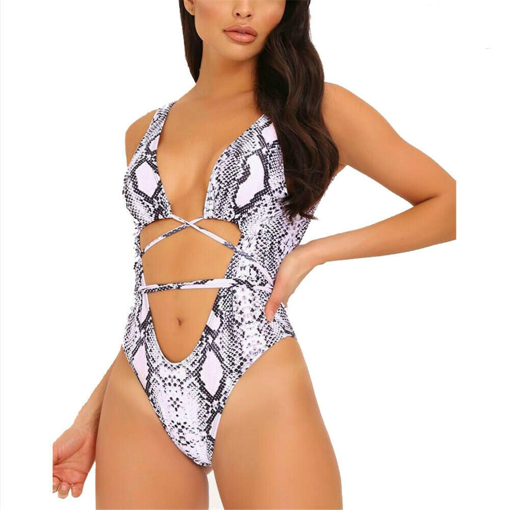 Summer leopard print one-piece swimsuit by The Clothing Company Sydney, featuring bandage design, push-up padding, and swimwear style.
