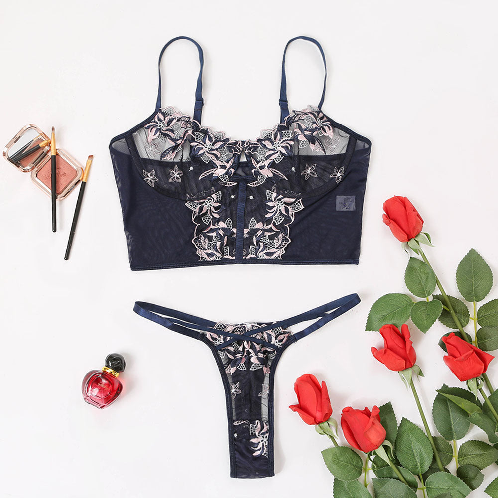 Floral lace bralette and matching briefs lingerie set from The Clothing Company Sydney, featuring push-up design and delicate lace details.