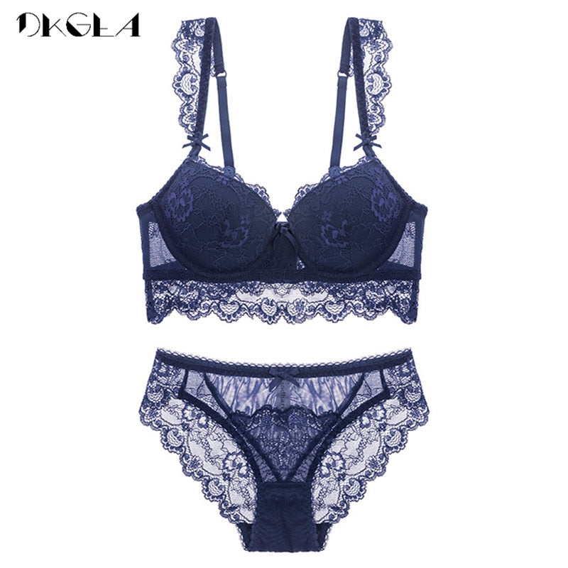 Blue cotton lingerie set with lace embroidery, push-up bras, and thick cups from The Clothing Company Sydney.