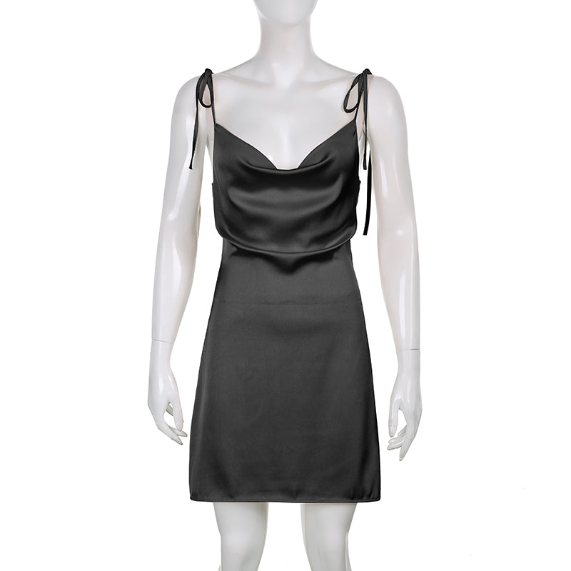 Backless satin sundress by The Clothing Company Sydney featuring strappy design, sleeveless style, and a casual, mini summer dress.