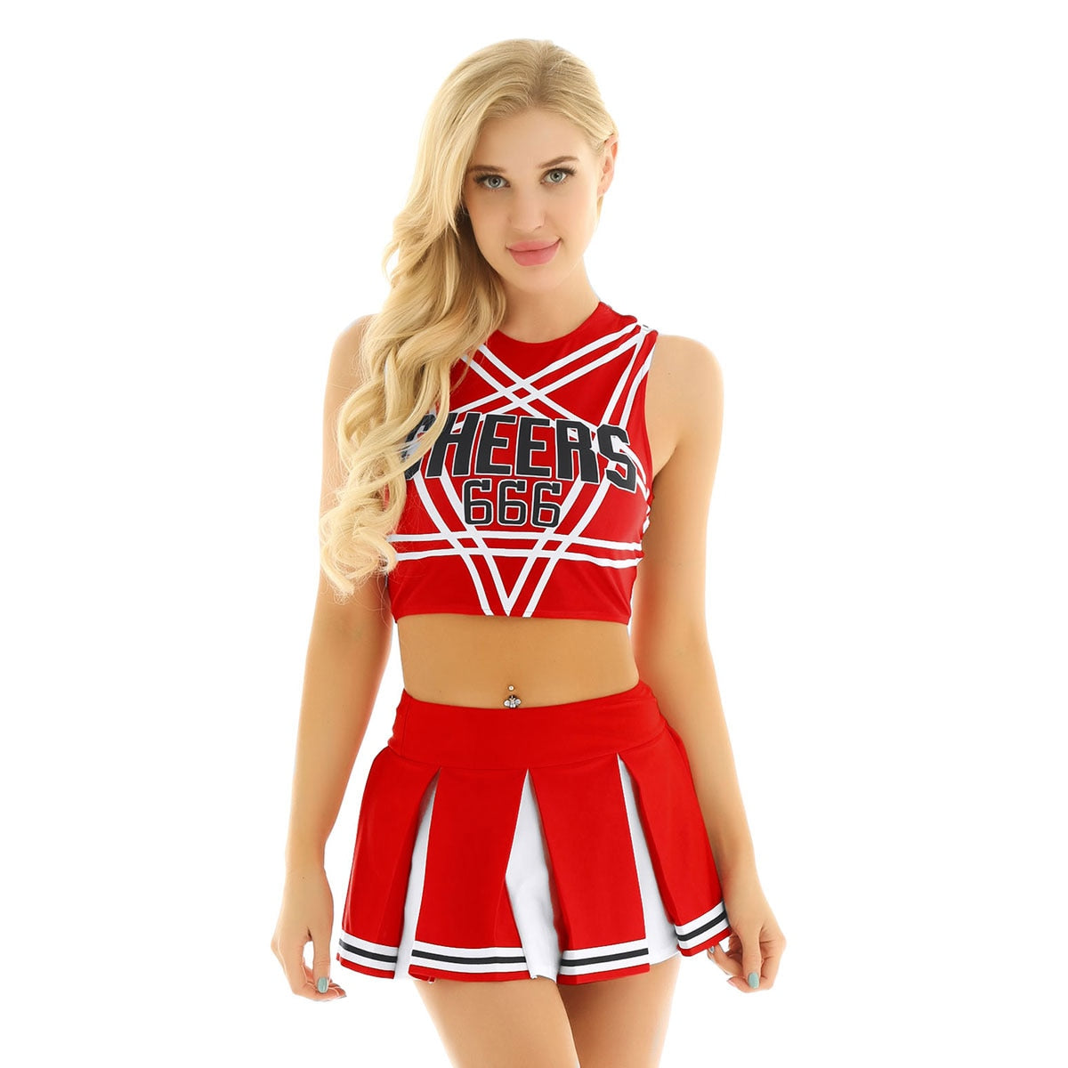 Two-piece cheerleader cosplay uniform with sleeveless crop top and mini pleated skirt, from The Clothing Company Sydney.