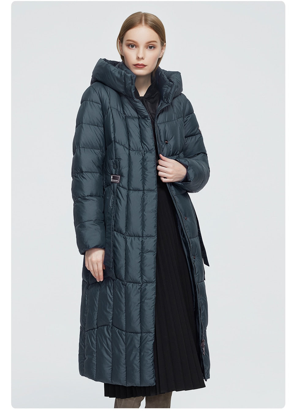 Long women's winter plaid parka jacket with hood, warm and thick, stylish fashion coat for large sizes by The Clothing Company Sydney