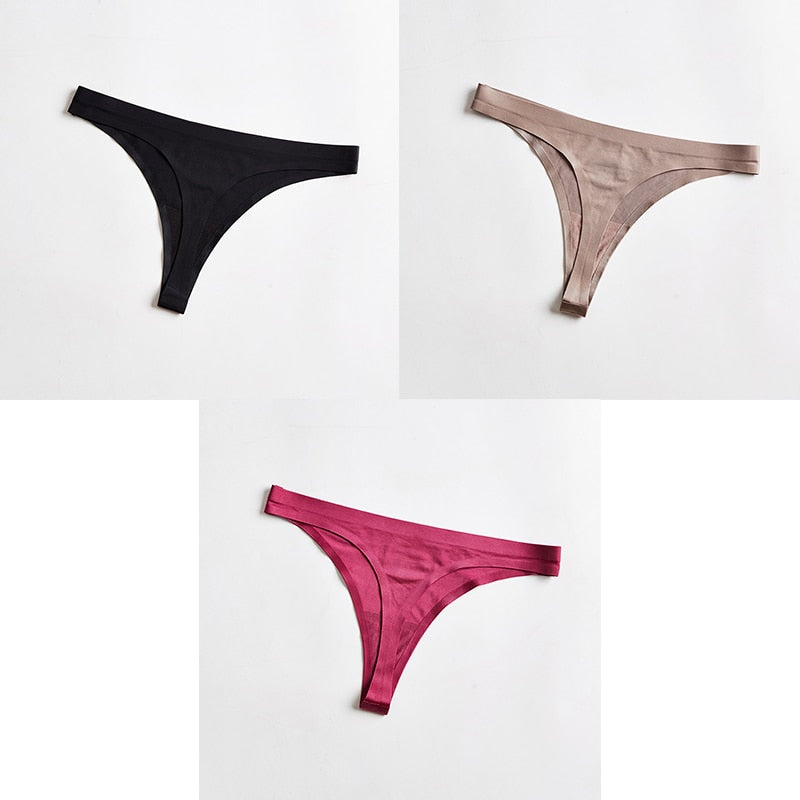 Three-pack of The Clothing Company Sydney seamless ice silk thong underwear with T-back G-string design for women.