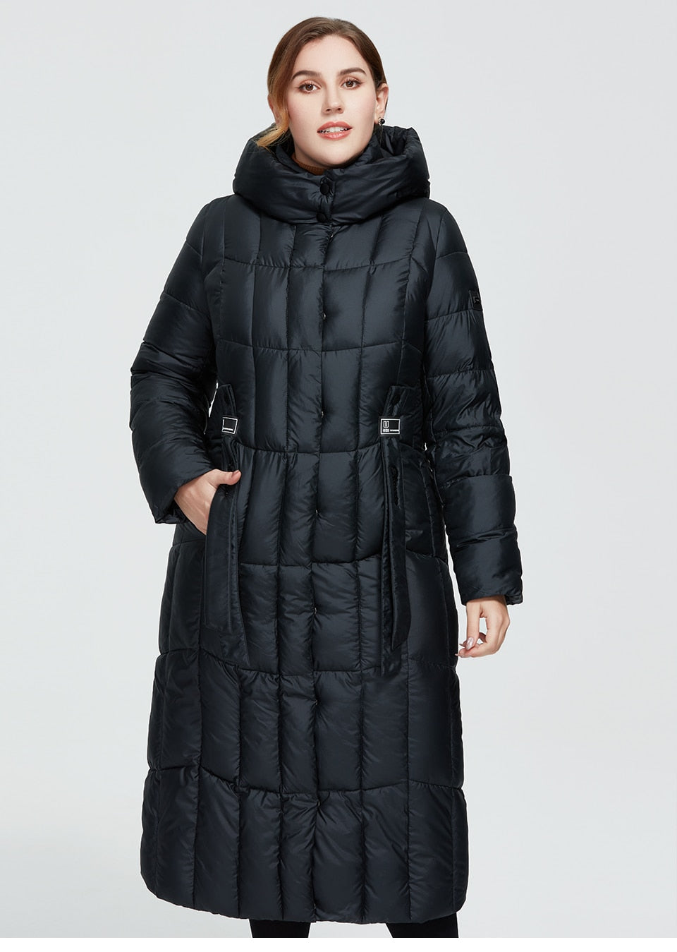 Long warm women's plaid parka jacket with hood, thick winter coat by The Clothing Company Sydney, suitable for large sizes.