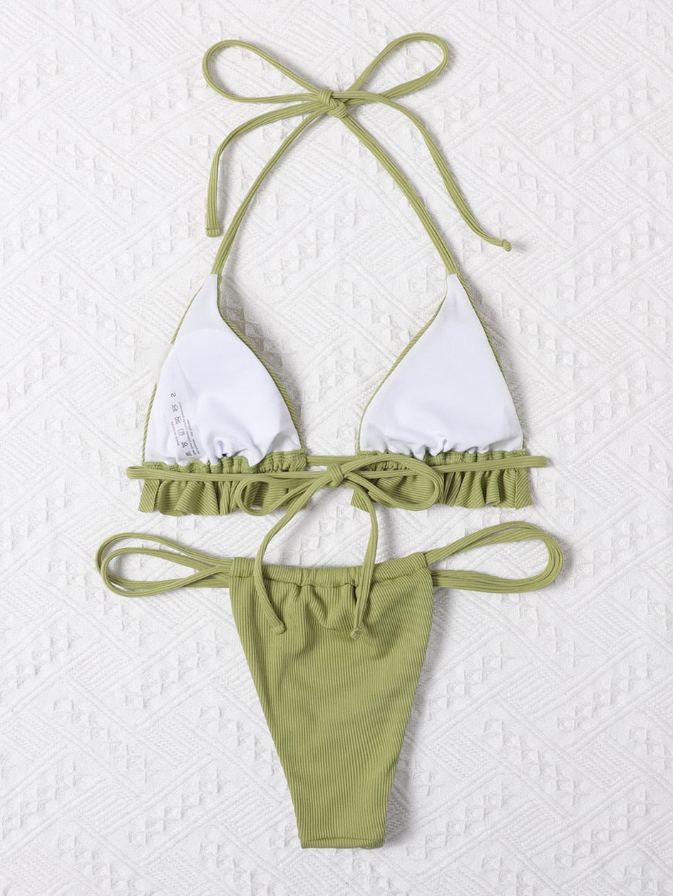 Ruffle swimsuit thong G-string micro bikini set in halter style, featuring two-piece swimwear for beach and swimming.
