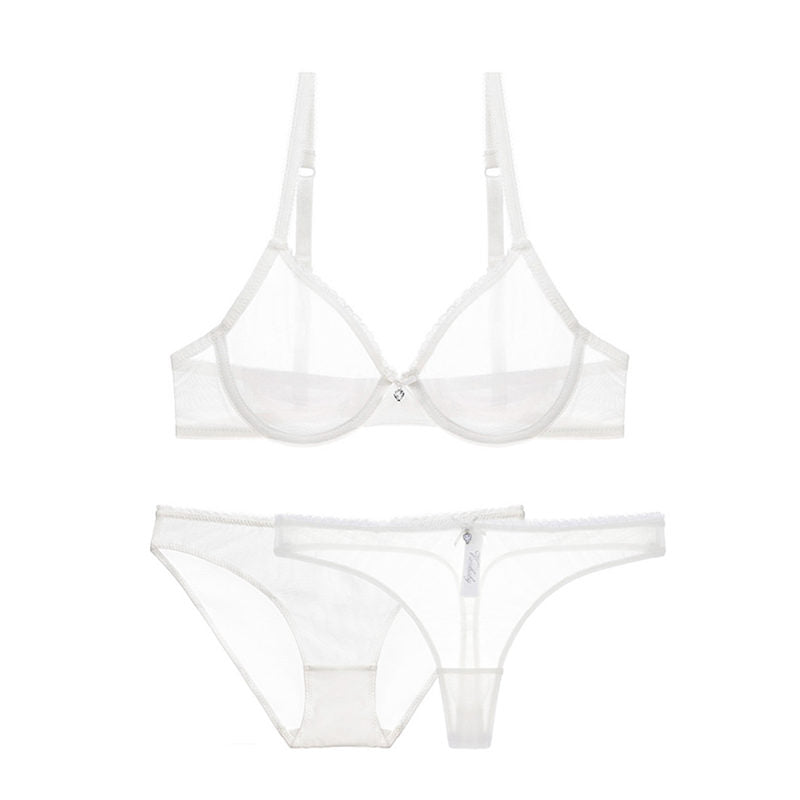 Ultra-thin mesh lace lingerie set with transparent unlined bra and two panties, plus size options, by The Clothing Company Sydney.