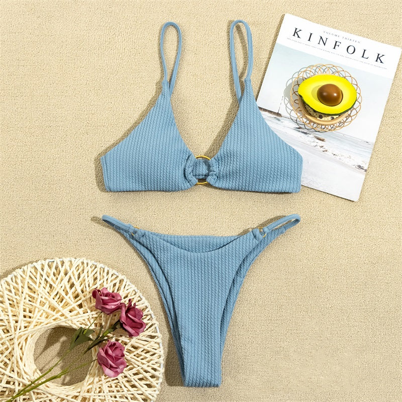 High Cut Rib Swimwear Solid Beachwear Bathing Suits Rings Bikini Sets Hollow Out Swimsuit The Clothing Company Sydney