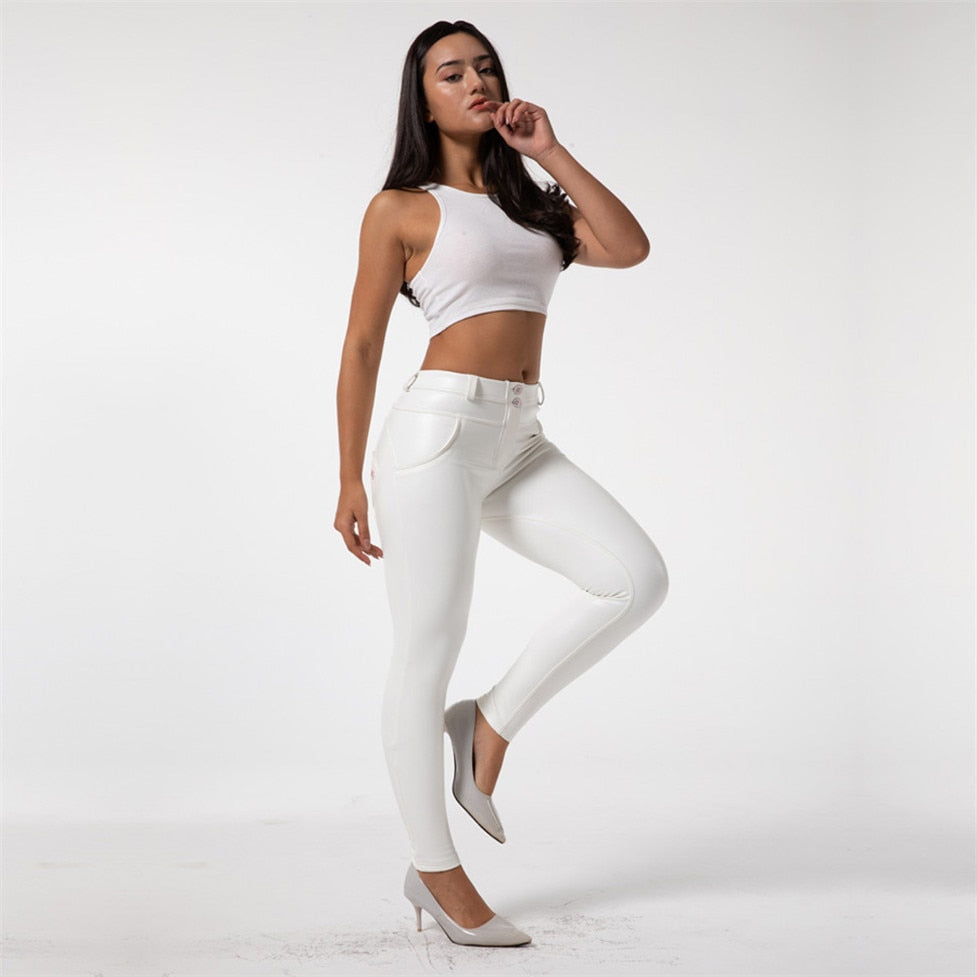 White fleece-lined faux leather leggings by The Clothing Company Sydney, casual winter women's pants with push-up style.