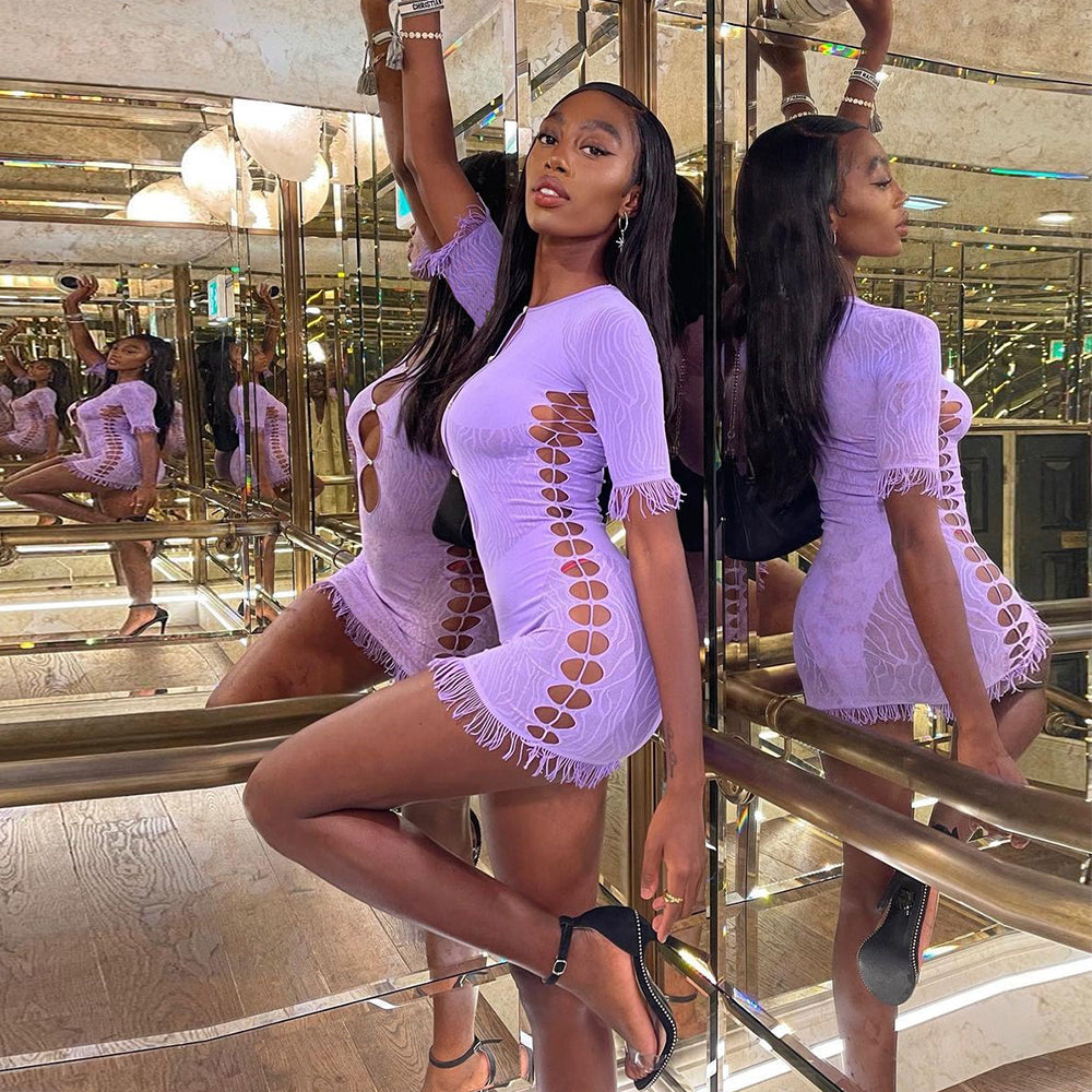 Transparent zebra mesh mini dress by The Clothing Company Sydney featuring cut-out design, perfect for beach, party, or night out.