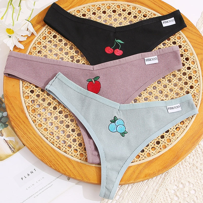 Cotton fruit embroidery G-string lingerie thong by The Clothing Company Sydney, featuring a T-back design and delicate fruit motifs.