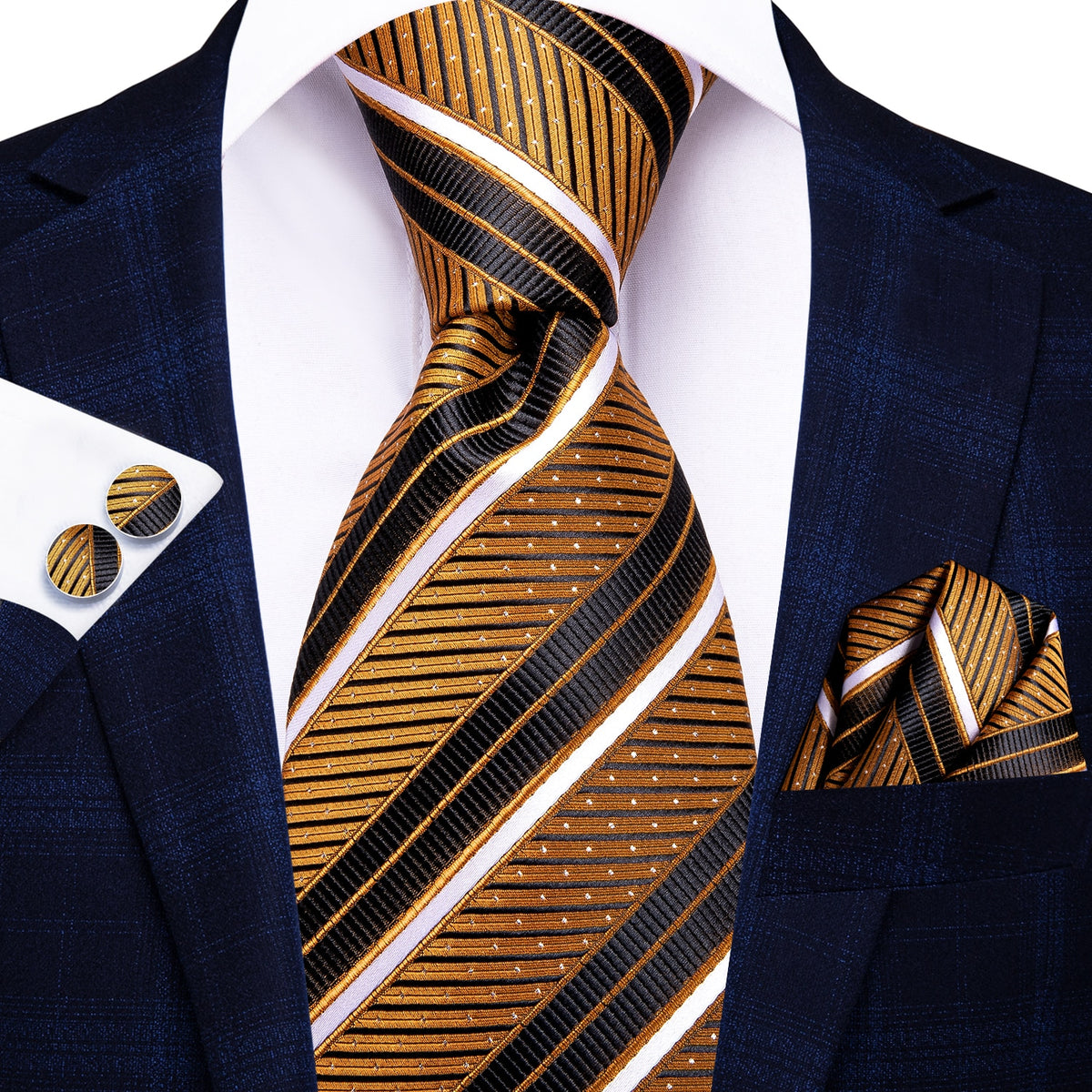 Three-piece set of men's accessories including a solid paisley silk tie, pocket square, and cufflinks for formal occasions.