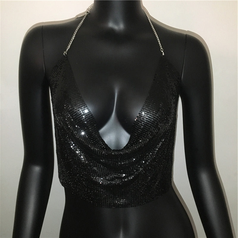 Gold and silver metal sequined tank top by The Clothing Company Sydney, backless cropped design, perfect for summer beach club wear.