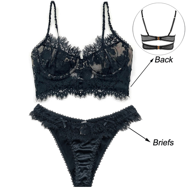 Ultra thin lace lingerie set with bralette and matching panties, featuring eyelash trim by The Clothing Company Sydney