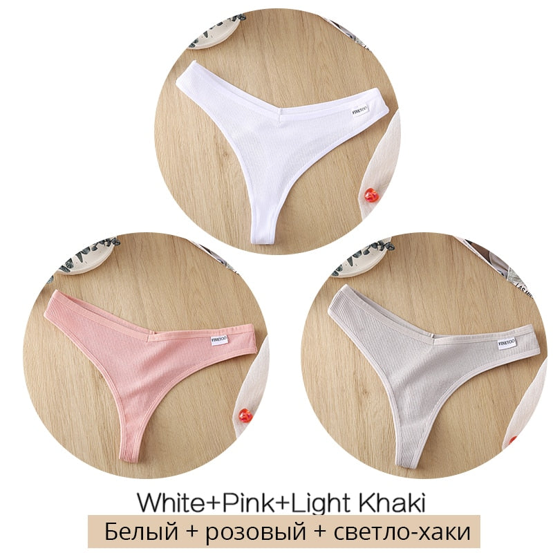 Three pairs of women's cotton mix thong panties with low waist G-strings from The Clothing Company Sydney, breathable and comfortable lingerie.