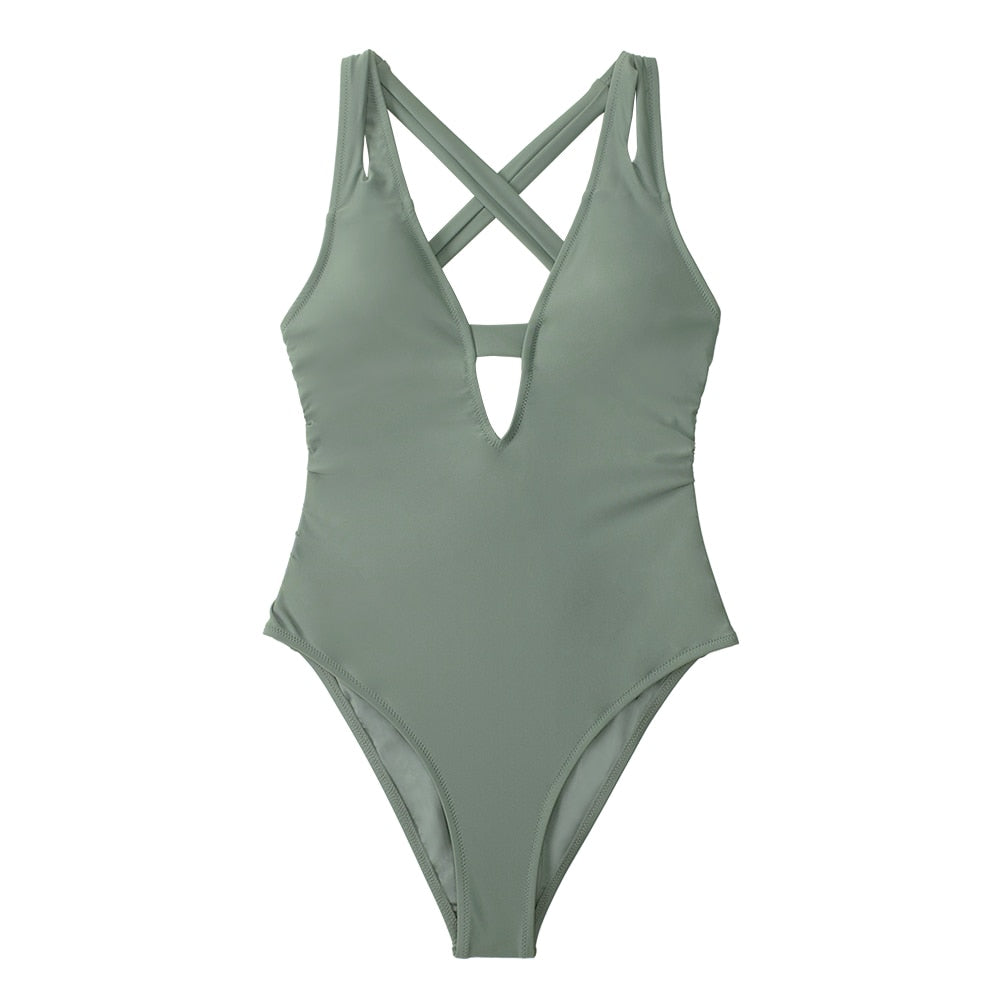 Solid dark blue one-piece swimsuit by The Clothing Company Sydney featuring a deep V-neck, backless design, and X-back style.