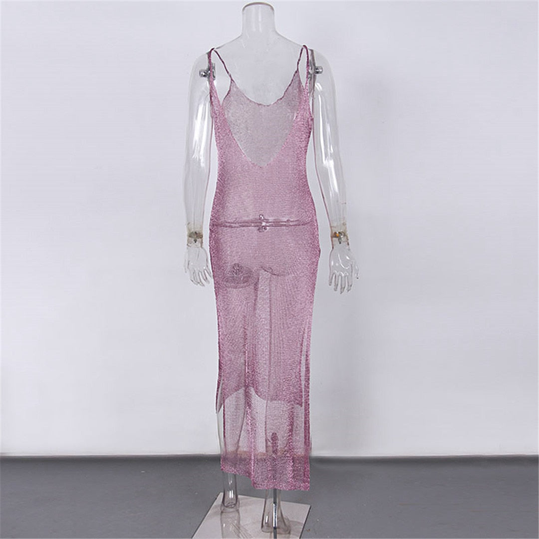 Sheer net mesh glitter tunic cover-up swimsuit by The Clothing Company Sydney, featuring long beach dress and beachwear style.