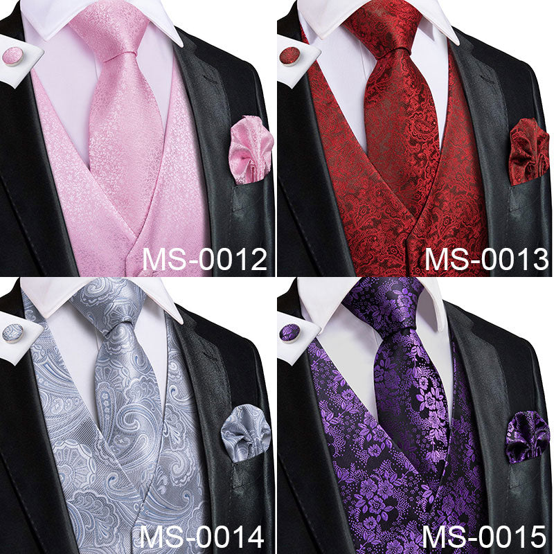 Men's luxury paisley floral silk vest and tie set in blue, gold, red, and silver for suits, from The Clothing Company Sydney.