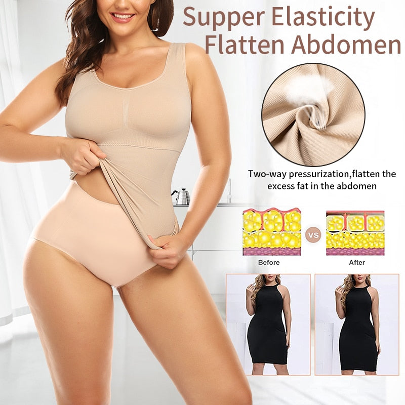 Shapewear tank top by The Clothing Company Sydney with built-in bra, wide straps, sleeveless design, and removable bra support.