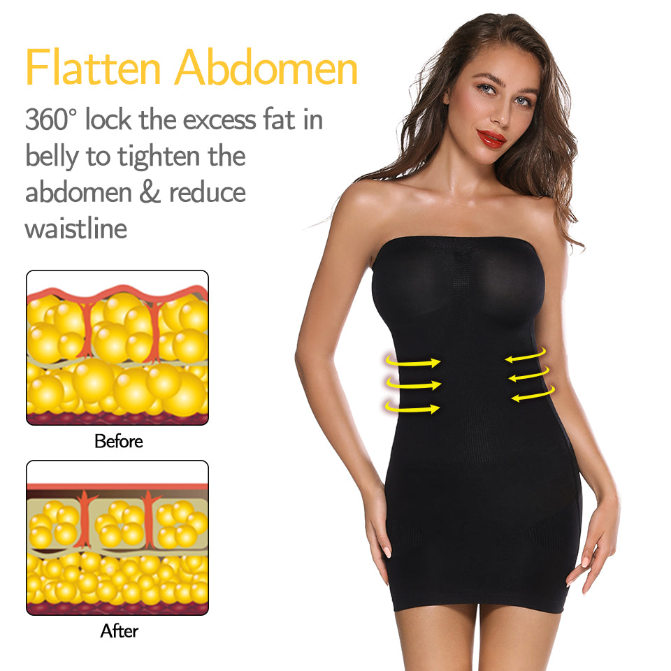 Women’s strapless shapewear slip by The Clothing Company Sydney, seamless full-body shaper for tummy control under dresses and skirts.