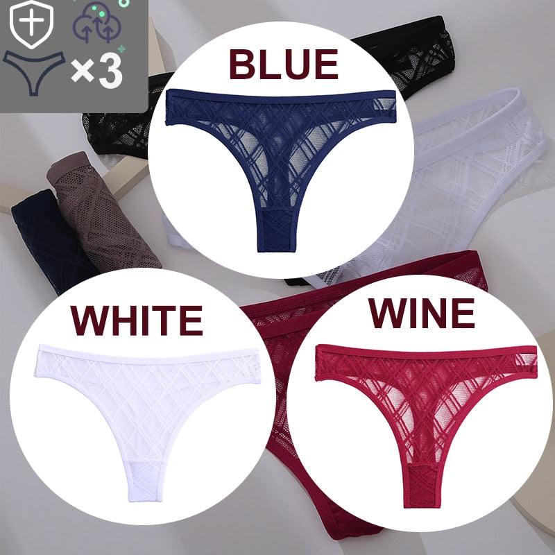 Three floral transparent thong lingerie G-string lace panties with low waist and mesh design from The Clothing Company Sydney