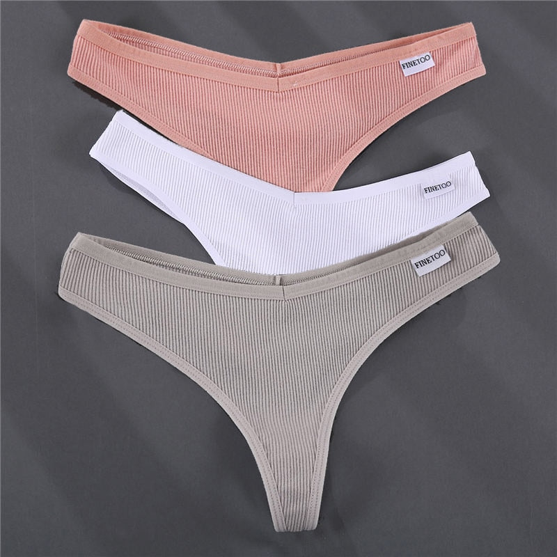 Three cotton G-string panties in solid colors from The Clothing Company Sydney, featuring comfortable thong design and smooth fabric.