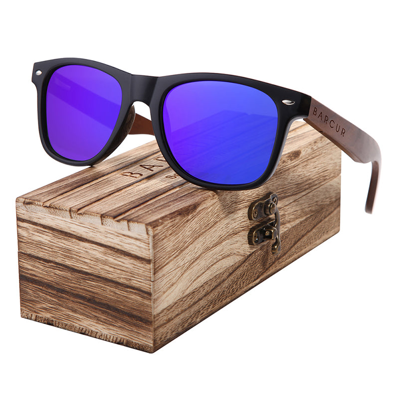 Black walnut wood designer polarized sunglasses for men with UV400 protection, stylish eyewear by The Clothing Company Sydney.