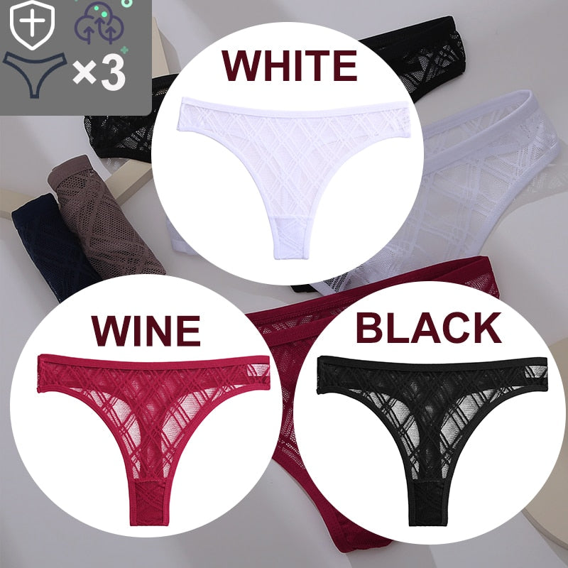 Three floral transparent thong lingerie G-string lace panties in a low-waist mesh design from The Clothing Company Sydney.