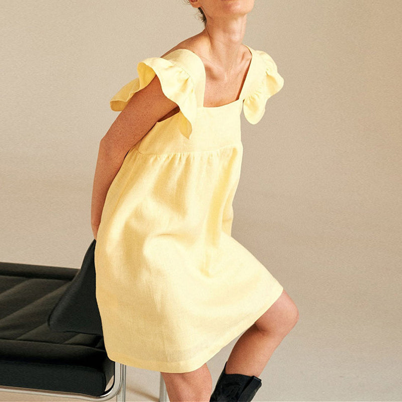 Elegant mini dress with ruffle sleeves and square neckline by The Clothing Company Sydney, in a solid summer color.